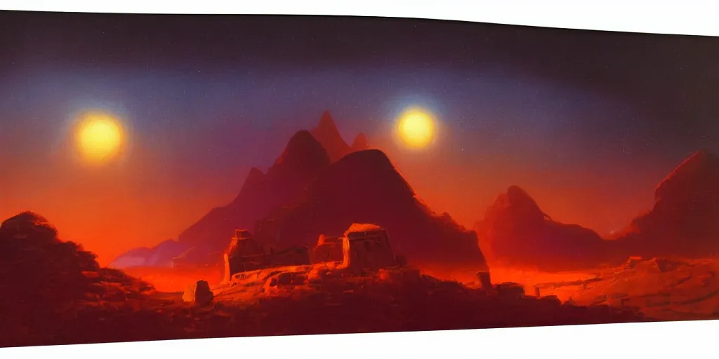 Image similar to a curved perspective cartoon paul lehr narrow night landscape with farawaymountains