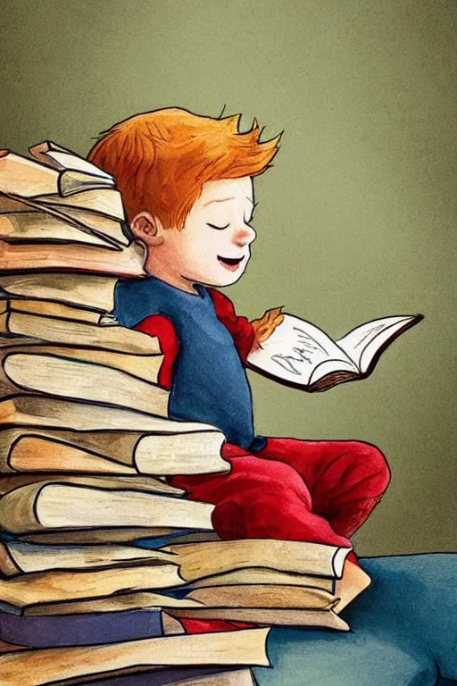 Prompt: a little boy with ginger hair sits cross legged on top of a tall pile of books. he is reading. clean elegant pretty cartoon painting, beautiful detailed face, storybook illustration.