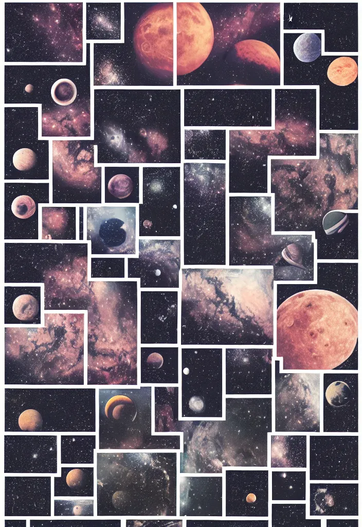 Image similar to Hi quality printed Collage of Grid of astrophotography, celestial bodies, duo-tone, halftone, in style of riso art