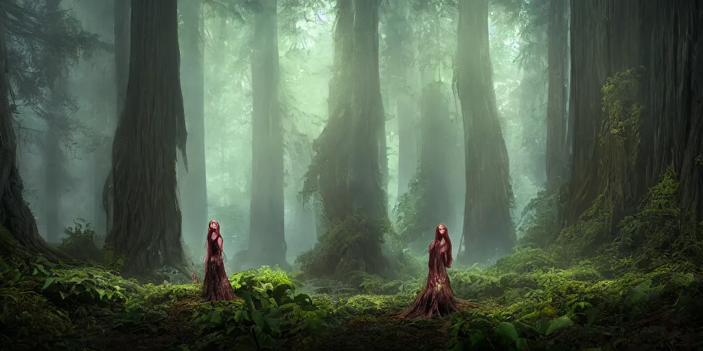 Image similar to detailed matte painting of a magical dryad witch in a redwood forest, dramatic lighting and composition, highly detailed, spells, magic, surreal background, octane render, pixar, trending on artstation, concept art, comic book, volumetric lighting 8 k