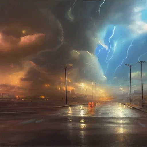 Image similar to oil painting of a futuristic city near to a big lake, dramatic storm clouds, dusty street, sunrays, dramatic, very very very beautiful art, cinematic lighting, romanticism by goya, bright pastel color, blue sky