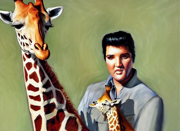 Image similar to a highly detailed beautiful portrait of elvis presley with a giraffe, by gregory manchess, james gurney, james jean