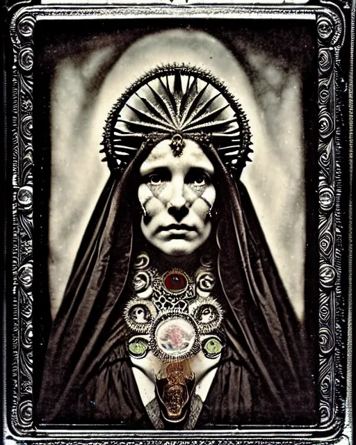 Prompt: daguerreotype hyperrealistic detailed face side portrait of the beautiful cthulhu priestess adorned with curse jewels and ceremonial robes, tintype art by ernst haeckel, john william godward, android jones, alphonso mucha, h. r. giger, gothic - cyberpunk, ornamental, black and white, ambrotype