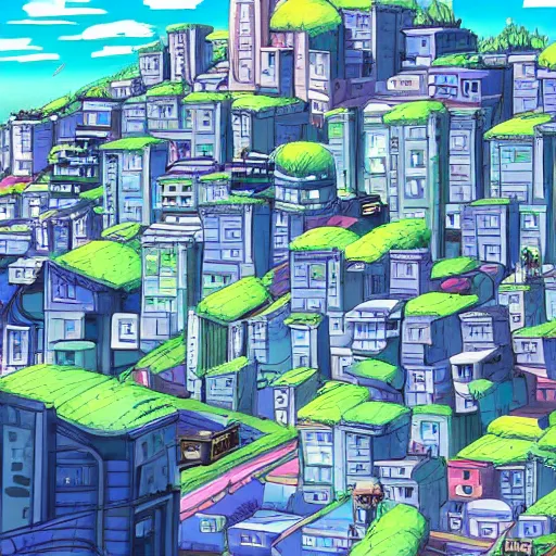 Image similar to futuristic city on a mountainside, colorful city, megacity, clouds on mountain, buildings on mountainside, looking down street, ultra - long street, liminal spaces, sloped street going down, downward slope, cel - shading, cel - shaded, 2 0 0 1 anime, bright sunshine