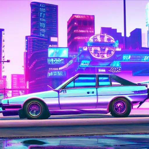 Image similar to vaporwave cyberpunk photorealistic grand theft auto 5