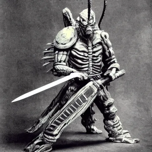 Image similar to old alien samurai attacking with his sword