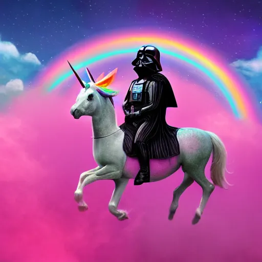 Image similar to beautiful matte painting, rainbow colored pink pink darth vader wearing pink wearing pink, riding a unicorn, riding a unicorn, riding a one-horned unicorn over a glittering rainbow, in psychedelic space, by lisa frank and dan mumford, octane render, HDR, vivid color, volumetric lighting, unreal engine, concept art, CGsociety, trending on artstation