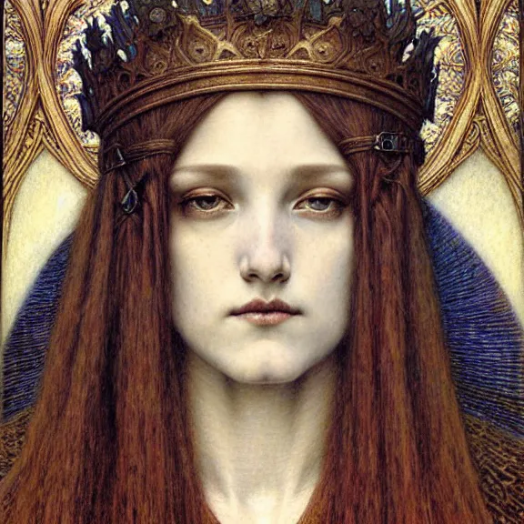 Image similar to detailed realistic beautiful young medieval queen face portrait by jean delville, gustave dore and marco mazzoni, art nouveau, symbolist, visionary, gothic, pre - raphaelite. horizontal symmetry