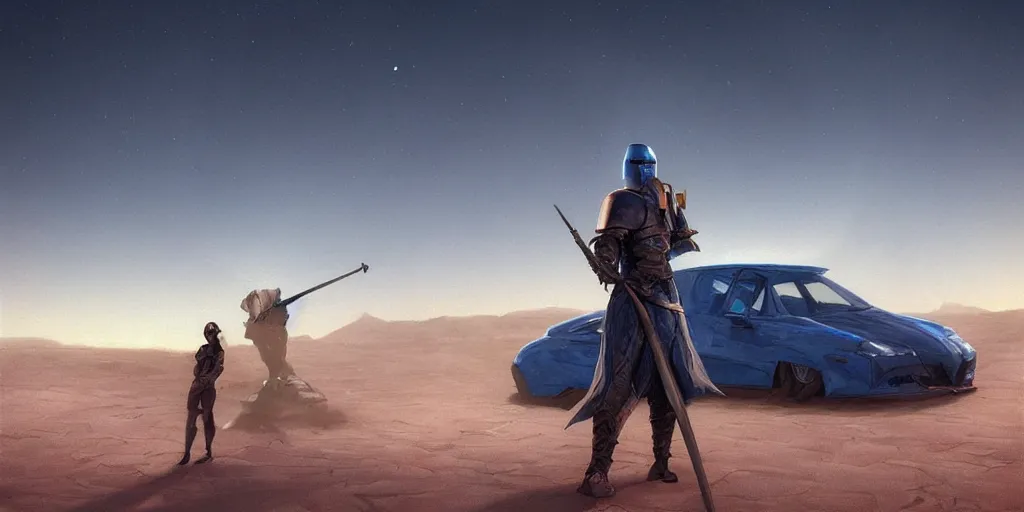 Image similar to blue knight in desert standing next to car, misty blue hour, sci fi digital painting, unreal engine 5, photorealism, hd quality, 8 k resolution, cinema 4 d, 3 d, cinematic, professional photography, art by artgerm and greg rutkowski and alphonse mucha and loish and wlop