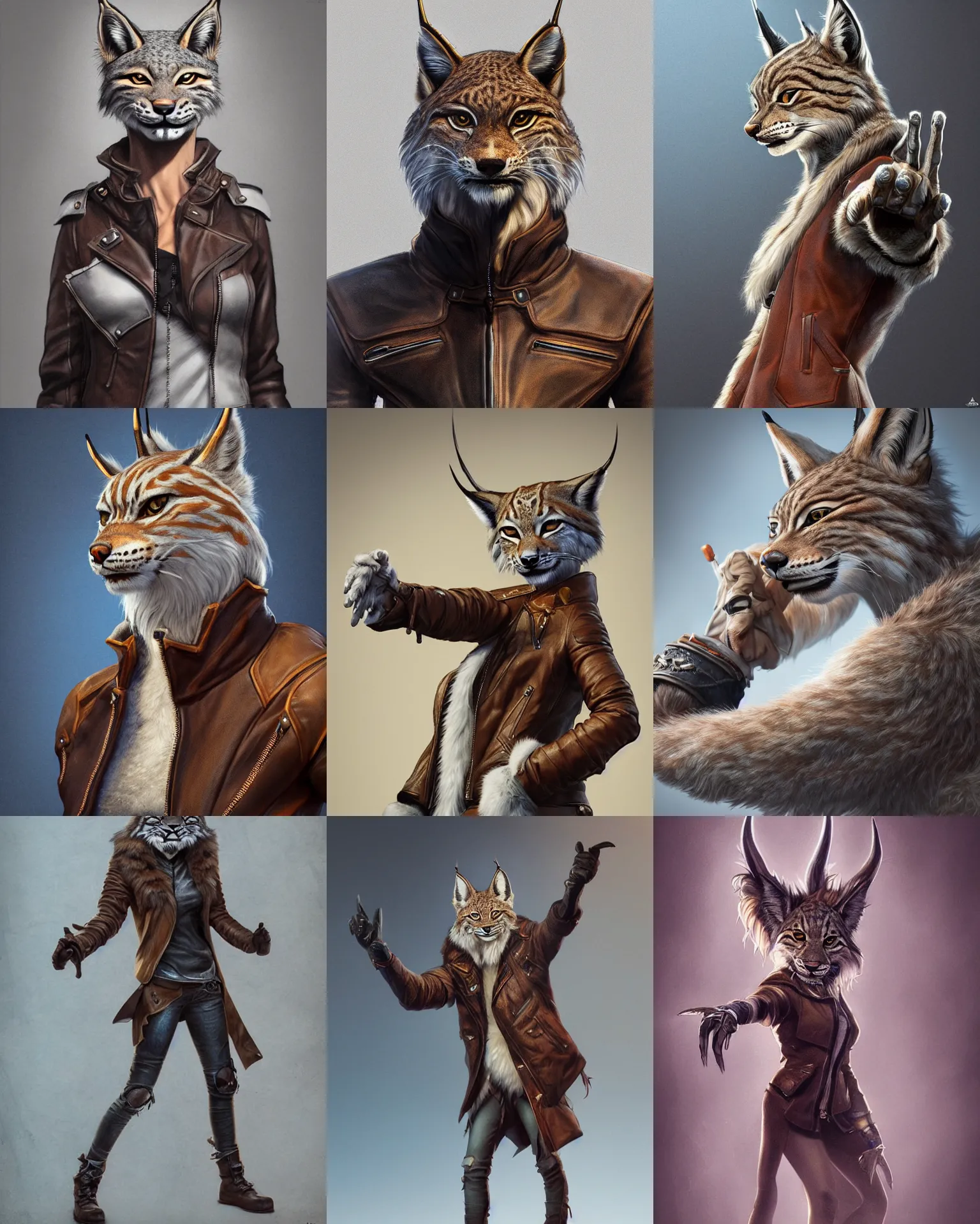 Prompt: an anthropomorphic lynx, pointing towards camera, leather jacket, fursona, 3 d render, hyper - realistic detailed portrait, fantasy, magic the gathering, hyper detailed, octane render, concept art, wlop, artgerm, greg rutkowski