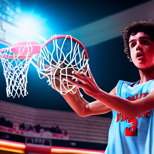 Image similar to Mike from stranger things playing basketball and making a shot in an nba stadium , close up shot, wide angle, lens flares