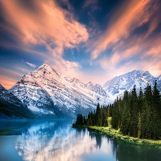 Prompt: landscape photography by marc adamus, glacial lake, sunset, dramatic lighting, mountains, clouds, beautiful