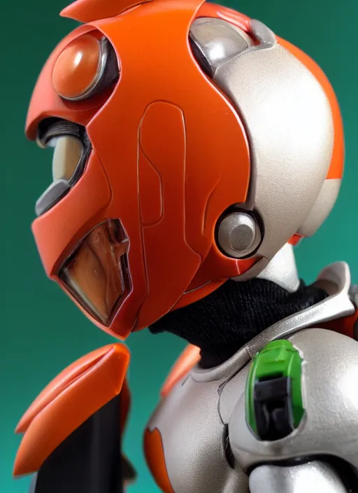 Image similar to helmet portrait of a figurine of samus aran's varia power suit from the sci - fi nintendo videogame metroid. designed by hiroji kiyotake. glossy. red round helmet, orange shoulder pads, green visor. shallow depth of field. suit of armor.