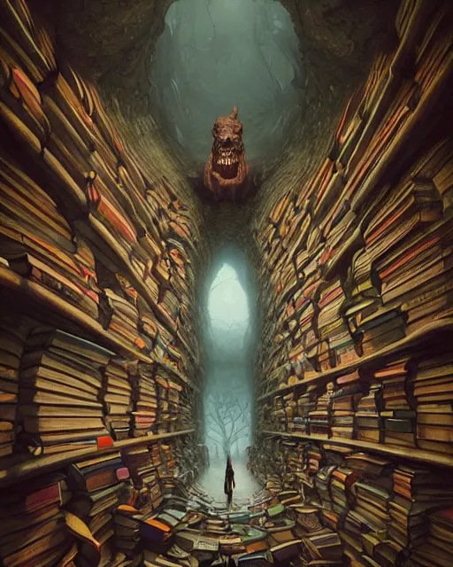 Image similar to highly detailed surreal vfx portrait of a creepy monster in a catacomb of books, stephen bliss, unreal engine, greg rutkowski, loish, rhads, beeple, makoto shinkai and lois van baarle, ilya kuvshinov, rossdraws, tom bagshaw, alphonse mucha, global illumination, detailed and intricate environment