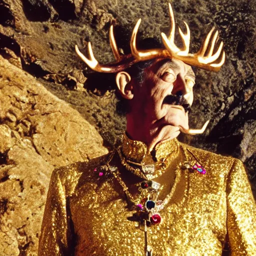 Prompt: salvador dali wearing a golden costume with jewels and antlers, in a dry rocky desert landscape, visible sky and sunny atmosphere, film still from the movie by alejandro jodorowsky with cinematogrophy of christopher doyle and art direction by hans giger, anamorphic lens, kodakchrome, very detailed photo, 8 k