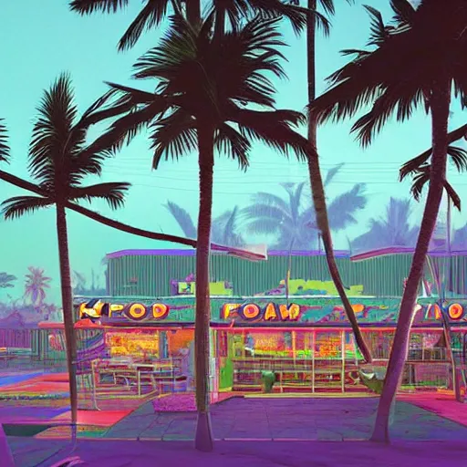 Image similar to inside psychedelic beachfront fast food restaurant with palm trees by simon stalenhag