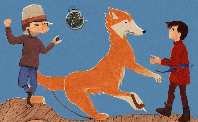 Prompt: a boy fighting a wolf on the edge of a clocktower, storybook, gouache, flat, print