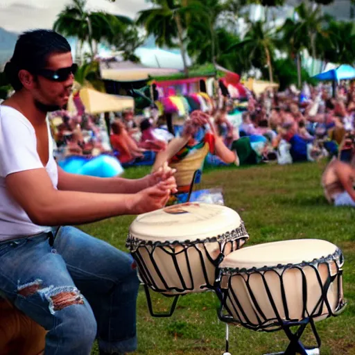 Prompt: annoying guy playing bongos at a music festival