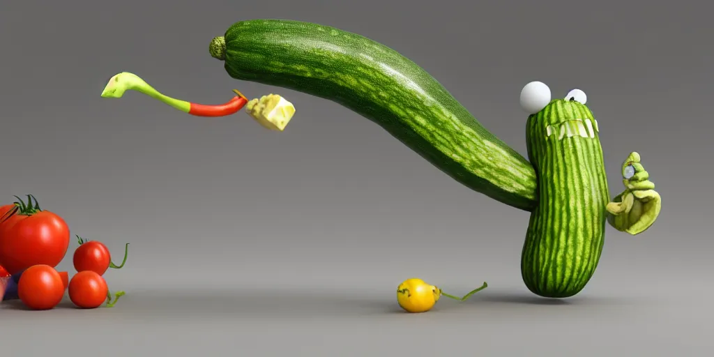 Prompt: detailed 3 d render of a bad zucchini character with arms and legs and a long sword!! chasing after a tomato character, hyper realistic octane render, cinematic lighting, pixar surrealism