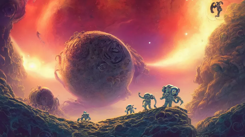 Image similar to Astronauts have a treasure with them, they are running away from the giant Cthulhu that is behind hunting him, they are running over the ring of the gas planet, this is an extravagant planet with wacky wildlife and some mythical animals, the background is full of nebulas and planets, the ambient is vivid and colorful with a terrifying atmosphere, by Jordan Grimmer digital art, trending on Artstation,