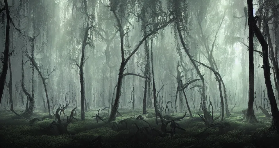 Prompt: A dense and dark enchanted forest with a swamp, by filip hodas