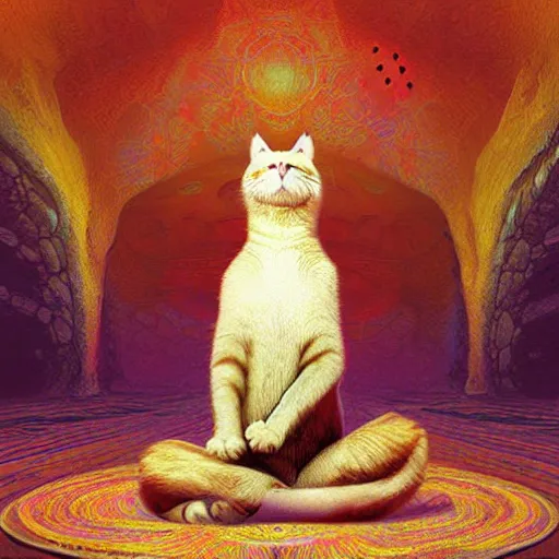 Prompt: a cat attains transcendence through meditation, psychedelic, by Marc simonetti