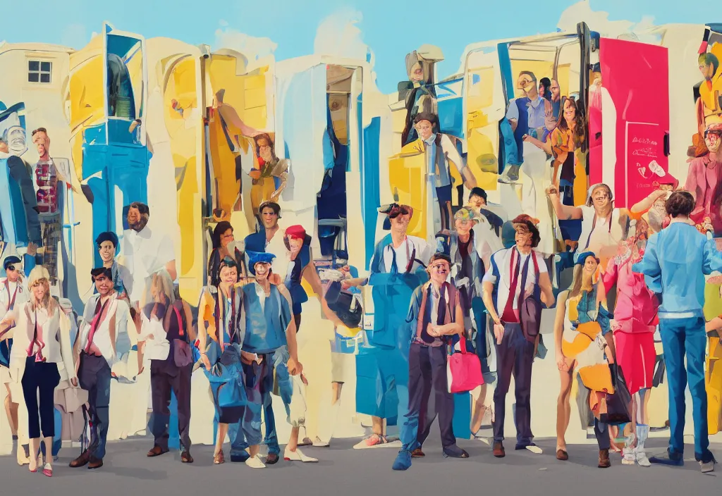 Prompt: full body portrait of a group, a row of a several european tourists getting off a tour bus, standing with a variety of poses and props, several character designs painting, sightseeing, in the style of wes anderson, lola dupre, david hockney, isolated on negative white space background dark monochrome neon spraypaint accents volumetric octane render