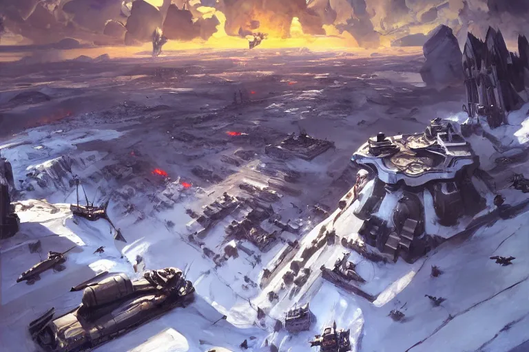 Image similar to city on a snowy mountain, sci fi, snowy mountain battle 1 9 4 4, airplanes, oil painting by john singer sargent, adrian smith, greg rutkowski, trending on artstation