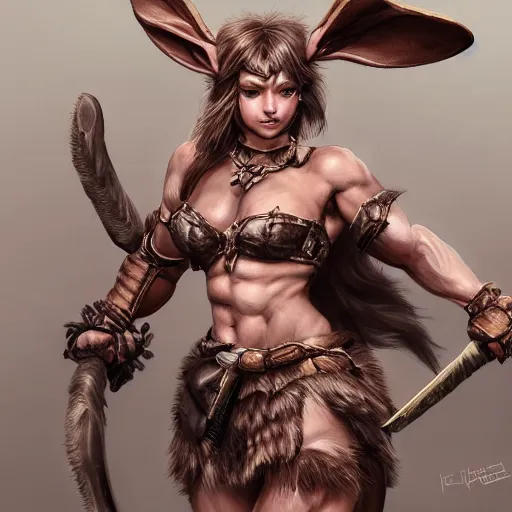 Image similar to portrait of a very very cute rabbit barbarian, muscular, wild, d & d, fantasy, intricate, cinematic lighting, highly detailed, digital painting, artstation, concept art, smooth, sharp focus, illustration, art by hajime sorayama