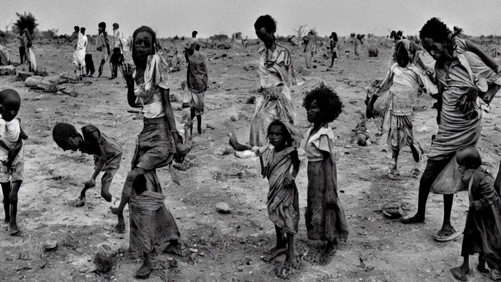 Image similar to 1 9 8 4 ethiopian famine and drought, dark, moody, feature article by new york times, 8 k