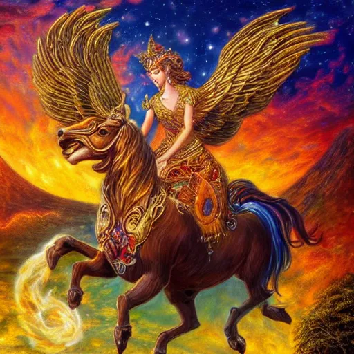 Prompt: goddess riding flying golden ram by josephine wall, trending on artstation, checking her phone, erupting volcano in distance, flowers in foreground, sunset, stars in sky, fantasy, 8 k