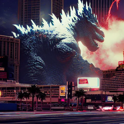 Image similar to Godzilla destroying Las Vegas, digital art, 8k, octane render
