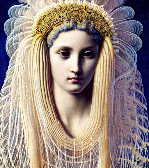 Image similar to portrait of a gorgeous sublime young goddess with intricate decorative jellyfish headdress and beautiful eyes, clear lines, detailed painting by john william godward and ernst haeckel and james jean