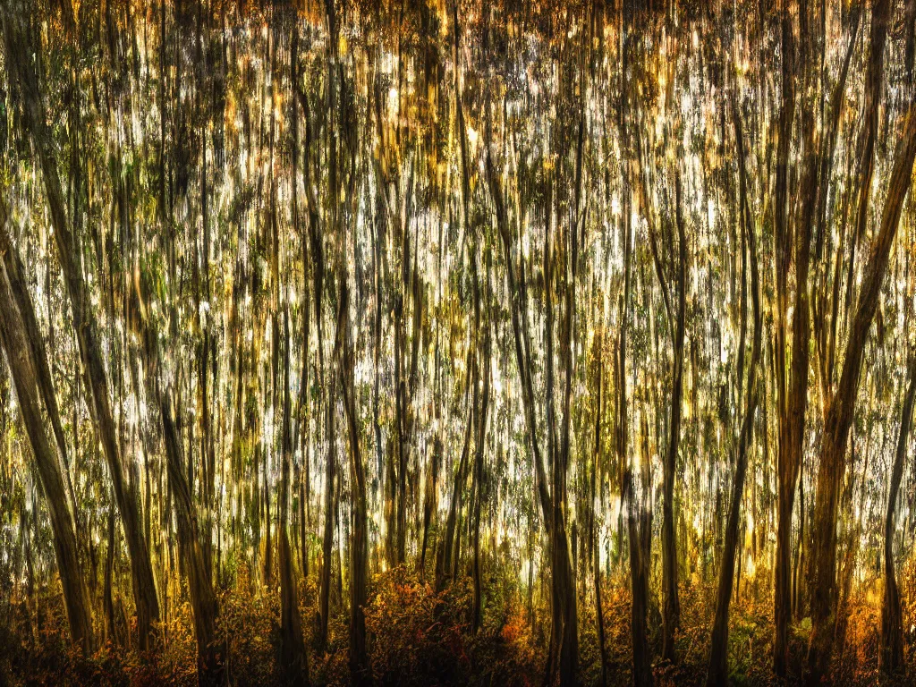 Image similar to double exposure photograph of tens of eucalyptus trees, flash exposure, autumn, in the style of edward steichen and pollock, sony ar 7 ii