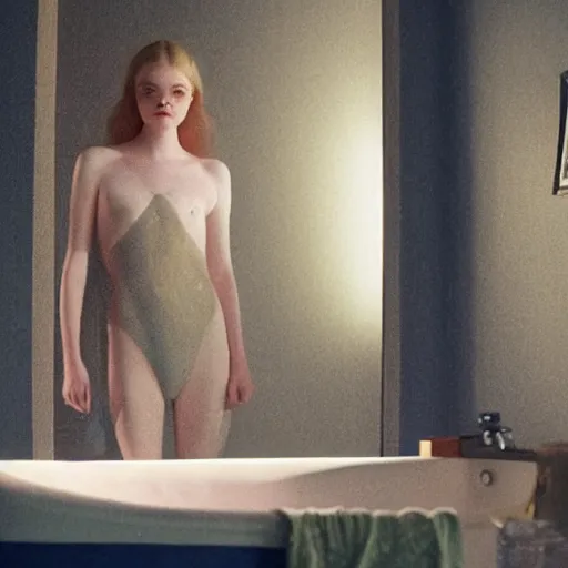 Image similar to Elle Fanning in a tub in the shining in the world of Adam Wyeth, head and shoulders portrait, stormy weather, extremely detailed masterpiece, oil on canvas, low-key neon lighting, artstation, Blade Runner 2049, Roger Deakin’s cinematography, by J. C. Leyendecker and Peter Paul Rubens and Edward Hopper and Michael Sowa,