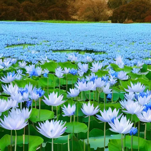 Image similar to field of light blue lotus flowers, minimalistic art, elegant