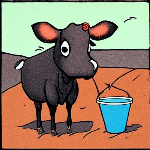 Image similar to a cow points at a bucket in the style of gary larson