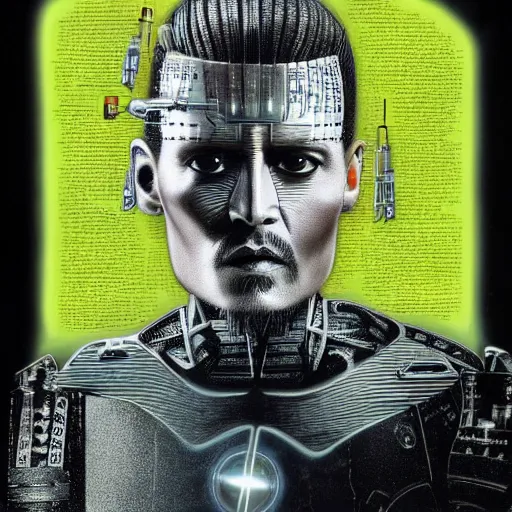 Prompt: johnny depp as a borg drone, tng, star trek, the borg, cybernetic implant, borg collective, hd, full length portrait, photorealistic