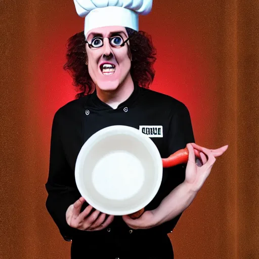 Image similar to a crazed weird al wearing a chef's hat and uniform with half of his lower body inside a bowl of alfredo, realistic, hyperrealistic, ultra realistic, real, real world, highly detailed, very detailed, extremely detailed, intricate details, 8 k resolution, hd quality