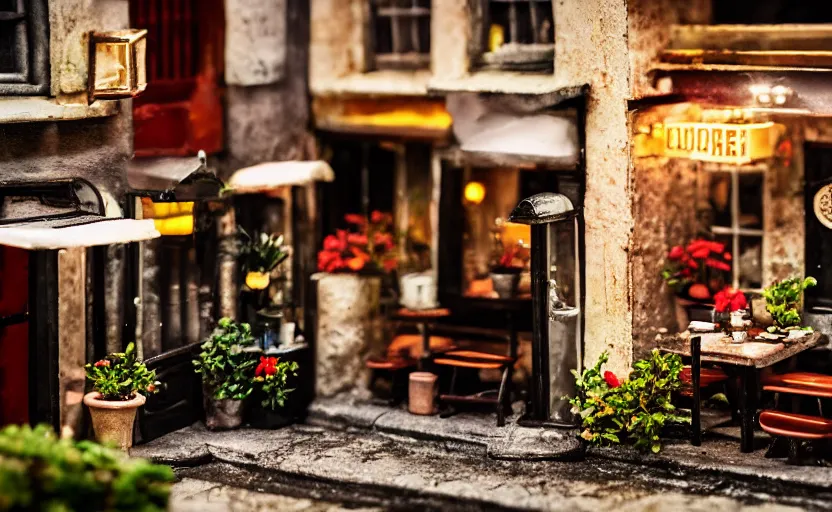 Image similar to miniature cafe diorama macro photography, cafe for mice, alleyway, ambient, atmospheric photograph, romantic