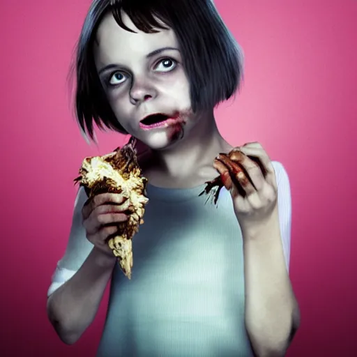 Image similar to young zombie christina ricci eating a clove of garlic, art by beeple