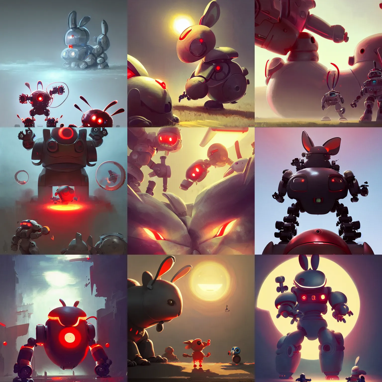 Prompt: sideview of cute chubby dangerous angry 3 years old robots kids in epic battle pose ruling the world with big glowing red rabbit eyes and big giant oversized rabbit ears , big complex belly opening mechanism , epic moody studio light, wapor wave retro design trending on artstation by greg rutkowski