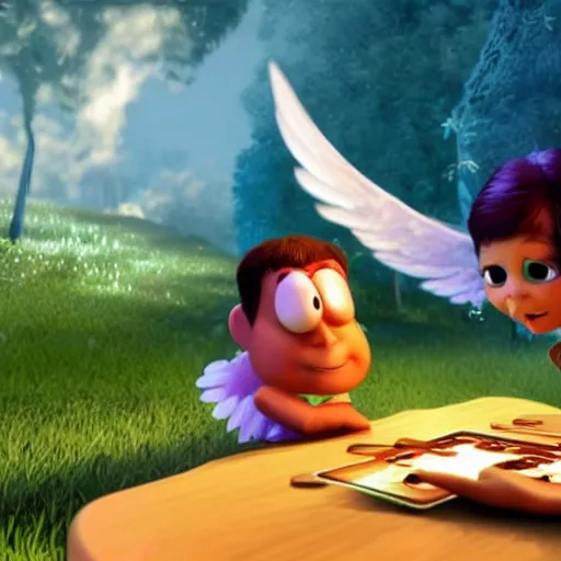 Image similar to an angel playing a video game against a devil, pixar style