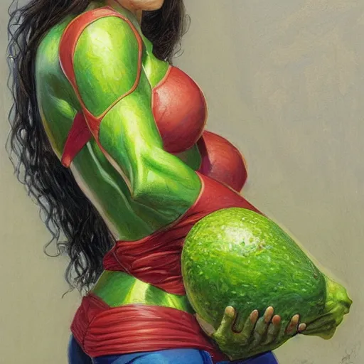 Prompt: avocado superheroine, by donato giancola.