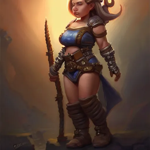 Prompt: muscular female gnome engineer artificer, chunky gauntlets, short dark hair, naval landscape, full body portrait, d & d, fantasy, intricate, elegant, highly detailed, digital painting, artstation, centred, rule of thirds, concept art, matte, sharp focus, illustration, cover by artgerm, art by greg rutkowski