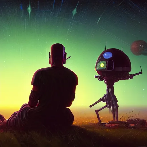 Image similar to a cyberpunk mursi elder sitting in a field under the stars with his droid in the foreground by greg rutkowski and android jones in a cyberpunk style, oil on canvas, 8k super wide angle, meteor shower