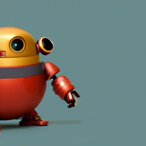 Image similar to a small chubby bot, colourful, smooth panelling, one large gold eye intricate detail, style of pokemon, with damaged rusty arms, broken antenna, recycled, floating, white studio, oil, mechanical, cute toy, ambient light, in the style of pixar animation, pokedstudios, blender, octane render, 8 k,