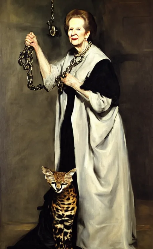 Prompt: an oil portrait of margaret thatcher in ceremonial robe holding a chained distressed serval, high quality, artstation, higly detailed, art by velaquez rubens and francisco goya, dark lighting