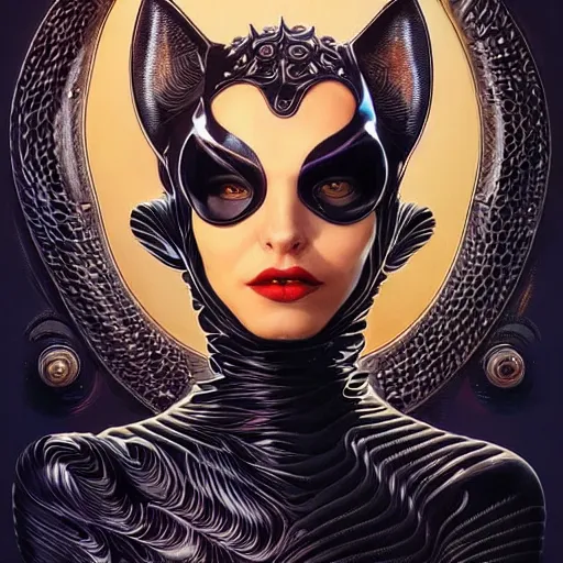 Image similar to catwoman transcendental reality, altered states, intricate, elegant, wavy, zig zag, jagged, varnished, rgb crt scanlines, highly detailed, smooth, sharp focus, award - winning, masterpiece, in the style of tom bagshaw, cedric peyravernay, peter mohrbacher, pinterest, m. c. esther