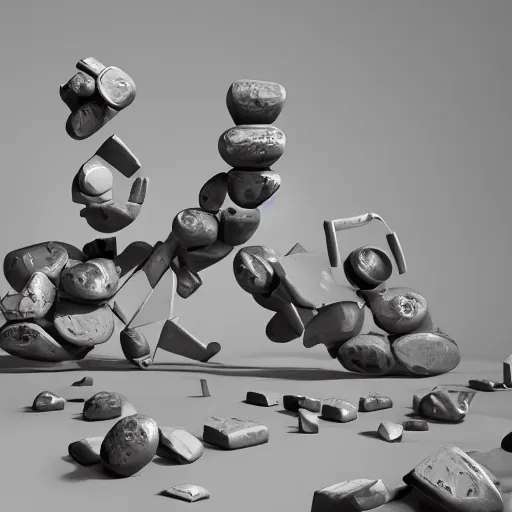 Image similar to sculpture made of piled stones, soda cans, minimal white room gallery, sunlit, photorealistic, 3 d rendering, higly detailed, minimalist, made with unreal engine, cgsociety, yves tanguy